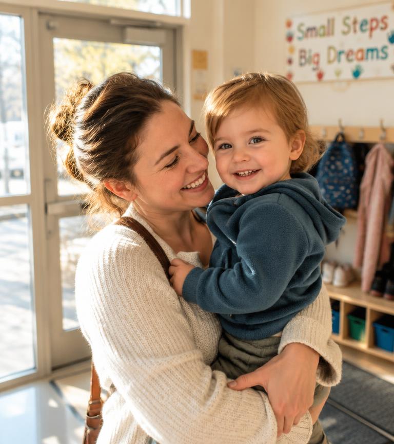 A smiling parent and young child